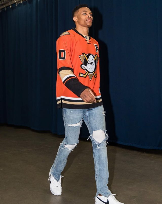 Russell Westbrook wearing mighty ducks jersey ??
