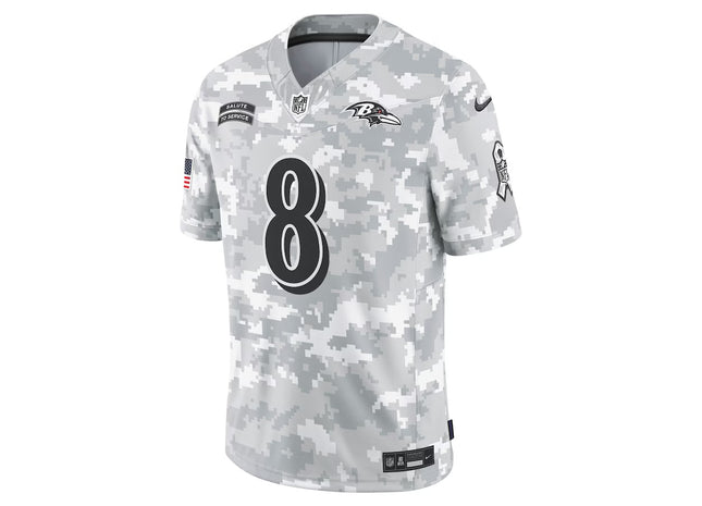 Men's Baltimore Ravens Lamar Jackson Nike Arctic Camo 2024 Salute to Service Limited Jersey