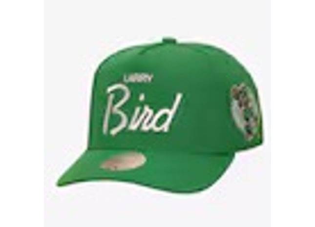 Larry Bird Boston Celtics Kelly Green Hardwood Classics Player Script Pro Pinch Snapback Hat