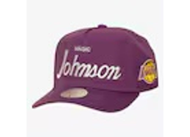 Magic Johnson Los Angeles Lakers Purple Hardwood Classics Player Script Pro Pinch Snapback Hat